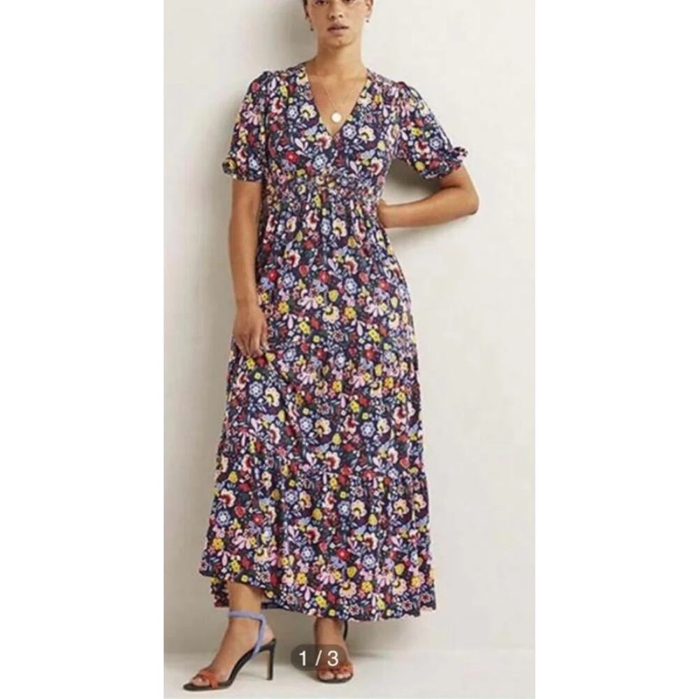 Boden Tiered Jersey Maxi Tea Dress Navy‎ Pretty Paradise Size 4 Petite *Flawed*
